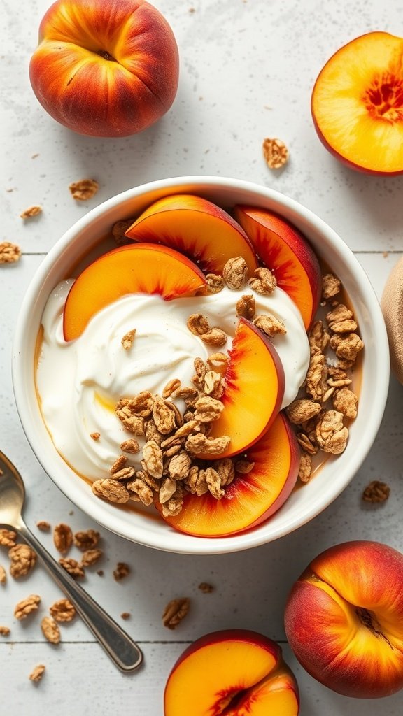 19 Protein Pancake Bowl Recipes A bowl of peach yogurt protein pancake bowl topped with sliced peaches and granola.