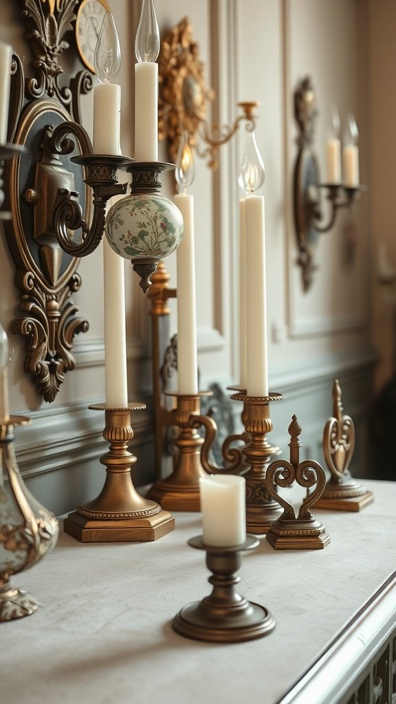 15 American Colonial Interior Ideas For A Timeless Look A collection of decorative candleholders and candles on a table, showcasing American Colonial style.