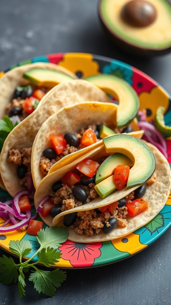 17 High Protein Breakfast Ideas To Kickstart Your Day Quinoa and black bean breakfast tacos with avocado, tomatoes, and onions on a colorful plate.