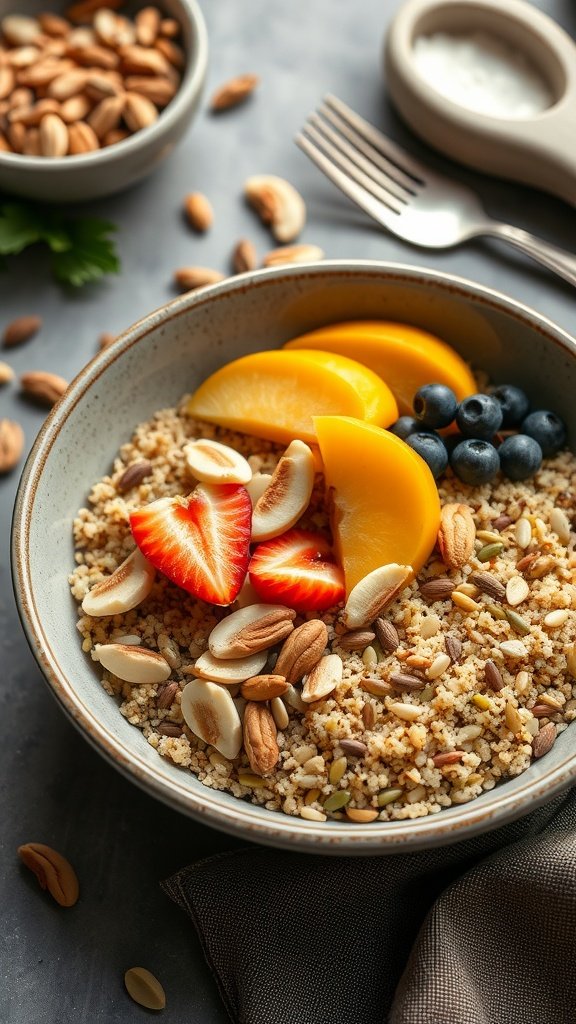 11 Healthy Breakfast Recipe Options A delicious quinoa breakfast bowl topped with fruits and nuts