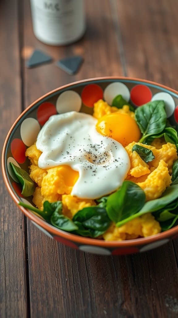 17 High Protein Breakfast Ideas To Kickstart Your Day A bowl with scrambled eggs and spinach, topped with a poached egg.