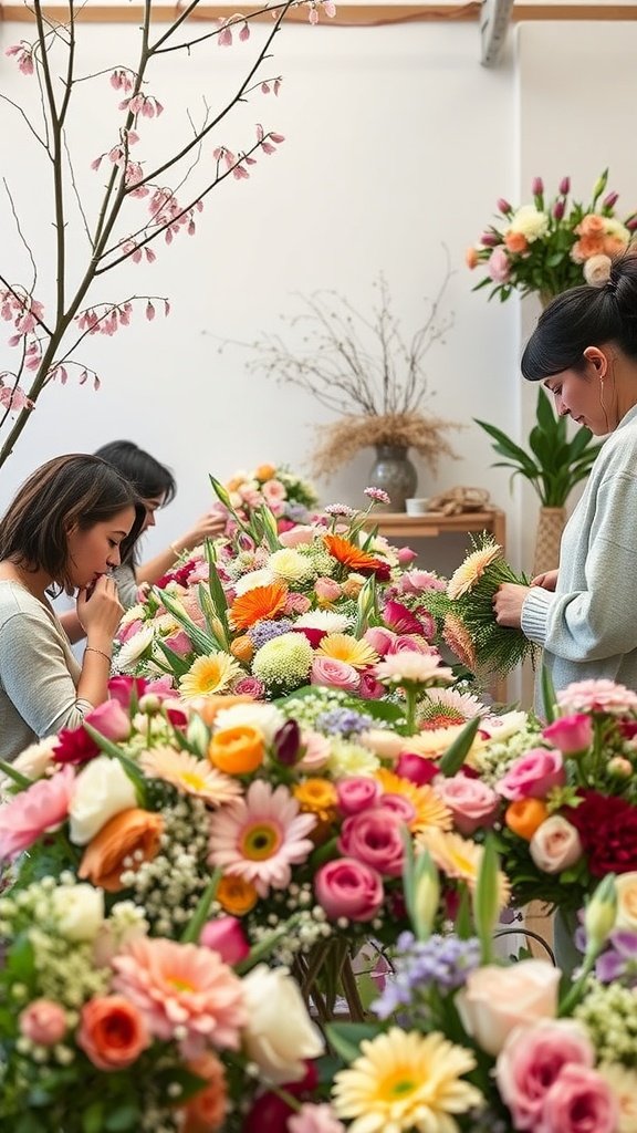 17 Bloom Bar Inspirations For Your Next Event Group of individuals engaged in a flower arranging workshop, surrounded by colorful flowers and greenery.