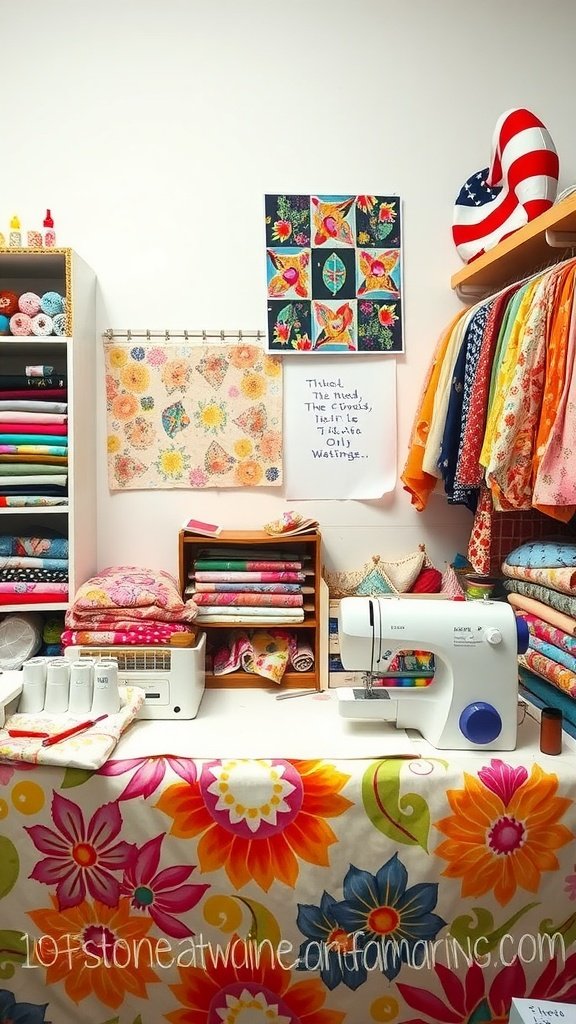 17 Cozy Hobby Room Ideas To Inspire Creativity Colorful sewing and textile area featuring fabrics, a sewing machine, and vibrant patterns.