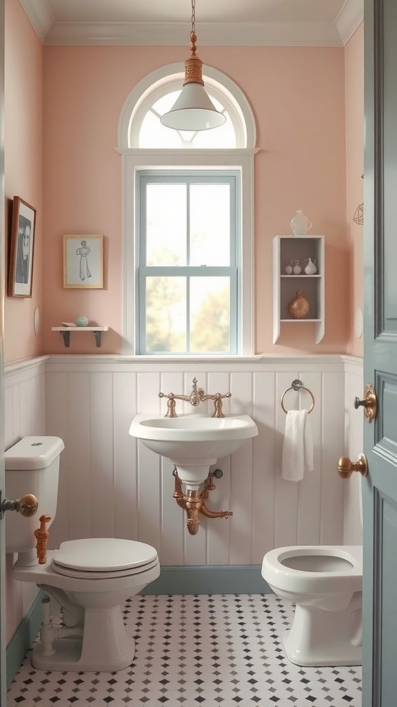 17 Vintage Bathrooms With Timeless Charm A vintage bathroom featuring soft pastel colors with elegant fixtures and decor.