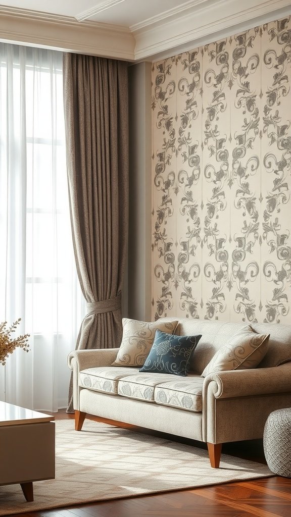 17 Modern French Country Living Room Ideas For Elegant Comfort A cozy living room with patterned upholstery and curtains, showcasing a blend of comfort and elegance.