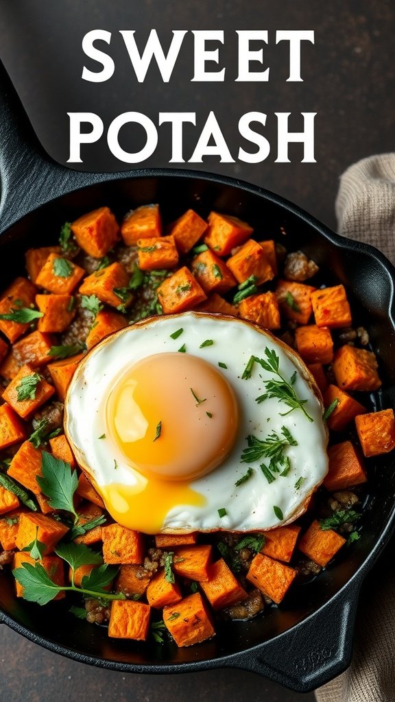 11 Healthy Breakfast Recipe Options Sweet potato hash with eggs in a skillet