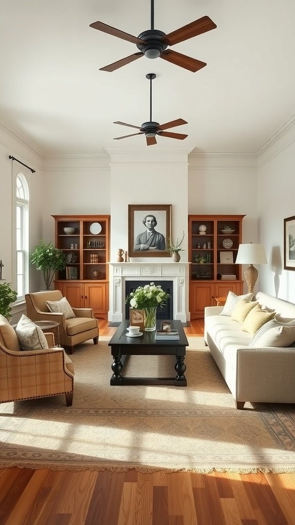 15 American Colonial Interior Ideas For A Timeless Look A cozy living room featuring a symmetrical layout with a fireplace, comfortable seating, and stylish decor.