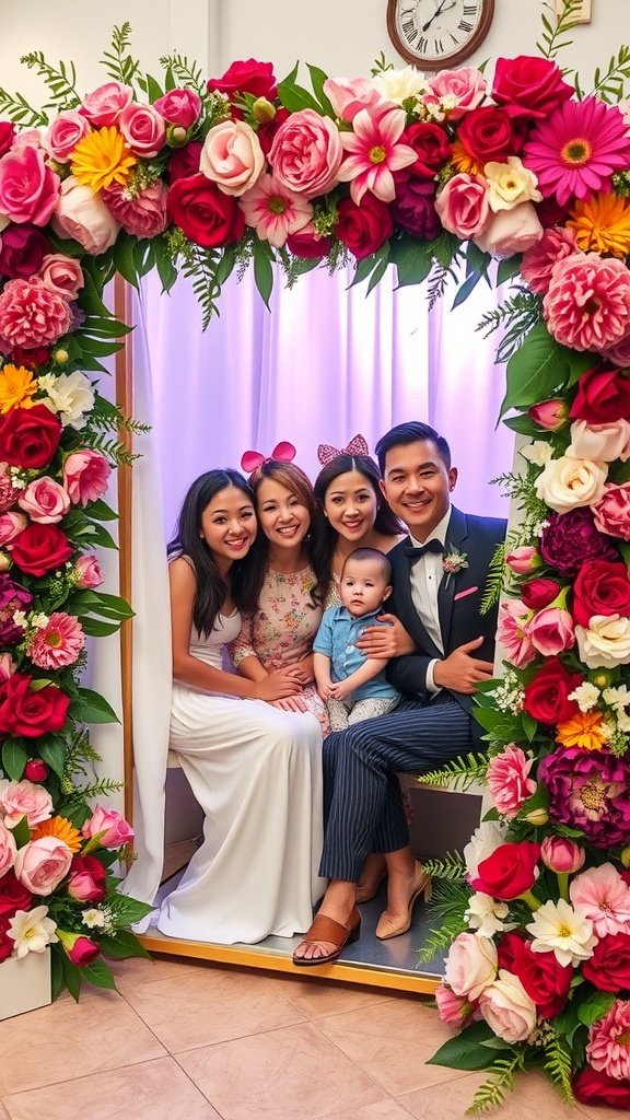 17 Bloom Bar Inspirations For Your Next Event A family posing in a floral photo booth surrounded by colorful flowers.