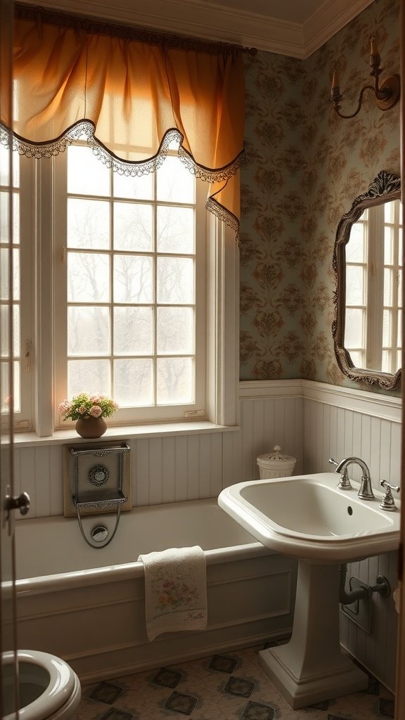 17 Vintage Bathrooms With Timeless Charm A vintage bathroom featuring a stylish window treatment with soft orange fabric and elegant lace.