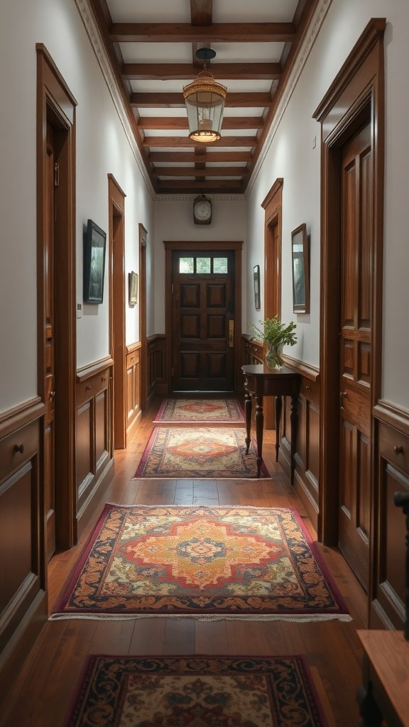 15 American Colonial Interior Ideas For A Timeless Look A hallway showcasing rich wooden flooring, accented with colorful rugs and traditional decor.