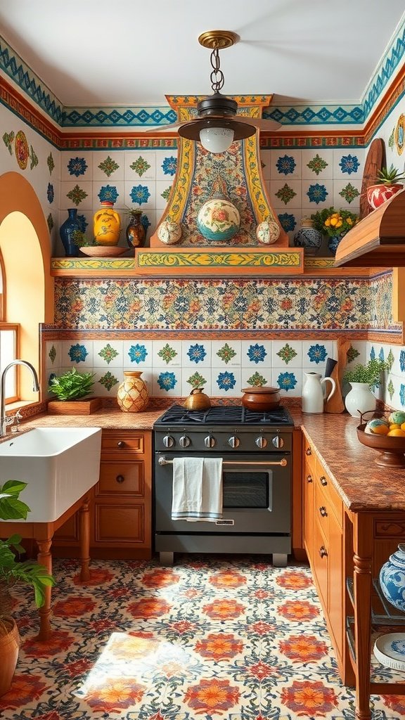 17 Hacienda Style Homes Interiors For Rustic Elegance A vibrant kitchen with colorful tiles and rustic wooden accents.