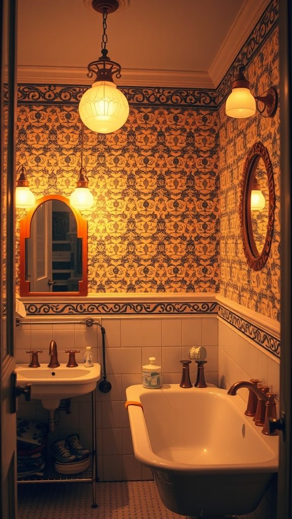 17 Vintage Bathrooms With Timeless Charm A vintage bathroom featuring unique lighting fixtures, patterned wallpaper, and vintage elements.