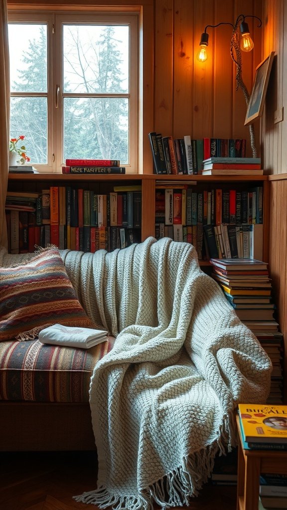 17 Cozy Hobby Room Ideas To Inspire Creativity A cozy reading nook featuring a comfortable couch with a blanket, bookshelves filled with books, and warm lighting.