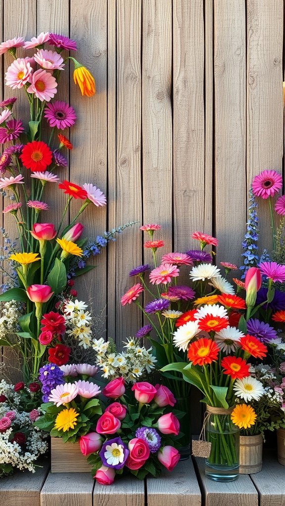 17 Bloom Bar Inspirations For Your Next Event A vibrant display of various flowers in different arrangements against a wooden backdrop.