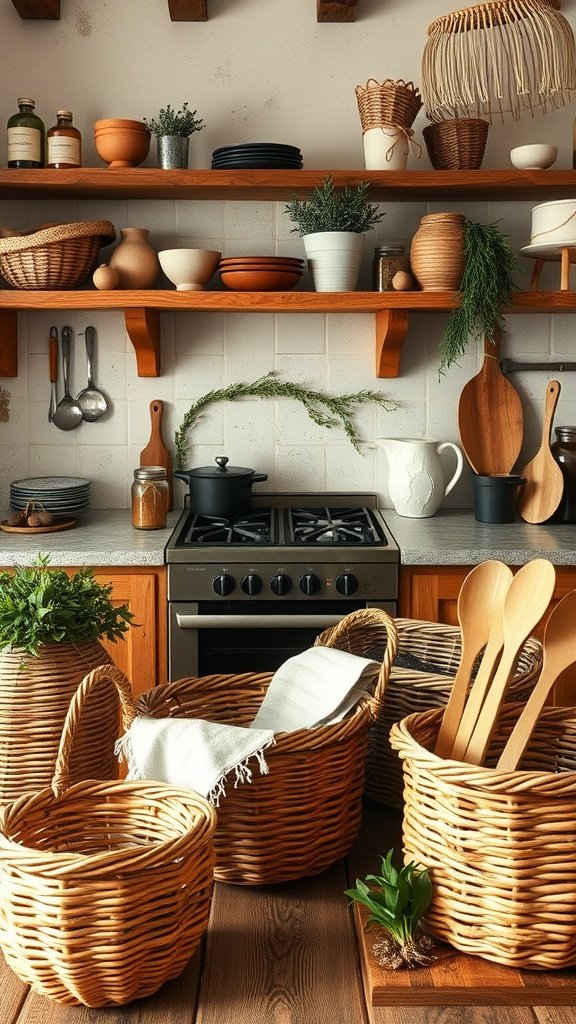 15 American Colonial Interior Ideas For A Timeless Look A cozy kitchen featuring woven baskets and natural elements on shelves.