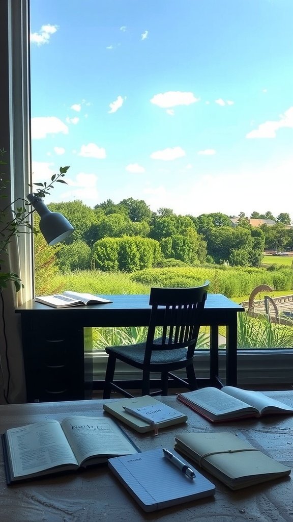 17 Cozy Hobby Room Ideas To Inspire Creativity A cozy writing space with a view of trees and blue sky, featuring a desk and books.